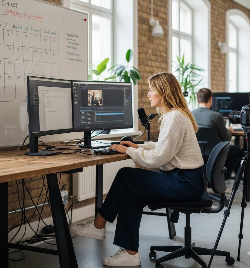 AI-verktyg för Content Creators - Professionell svensk content creator som arbetar med AI-skrivverktyg och innehållsskapande i modernt kontor