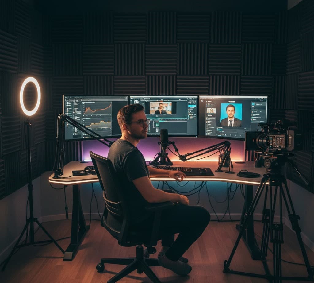 AI-verktyg för Video Creators - Svensk videoskapare som redigerar med AI-videogenereringsverktyg som Descript och HeyGen